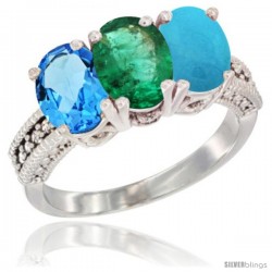 14K White Gold Natural Swiss Blue Topaz, Emerald & Turquoise Ring 3-Stone 7x5 mm Oval Diamond Accent