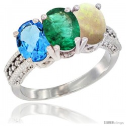 14K White Gold Natural Swiss Blue Topaz, Emerald & Opal Ring 3-Stone 7x5 mm Oval Diamond Accent