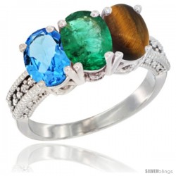 14K White Gold Natural Swiss Blue Topaz, Emerald & Tiger Eye Ring 3-Stone 7x5 mm Oval Diamond Accent