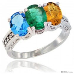 14K White Gold Natural Swiss Blue Topaz, Emerald & Whisky Quartz Ring 3-Stone 7x5 mm Oval Diamond Accent