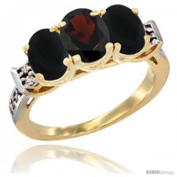 10K Yellow Gold Natural Garnet & Black Onyx Sides Ring 3-Stone Oval 7x5 mm Diamond Accent