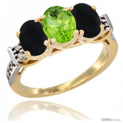 10K Yellow Gold Natural Peridot & Black Onyx Sides Ring 3-Stone Oval 7x5 mm Diamond Accent