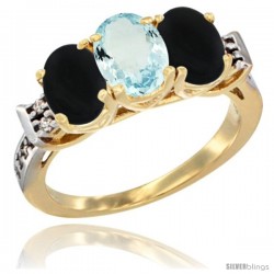 10K Yellow Gold Natural Aquamarine & Black Onyx Sides Ring 3-Stone Oval 7x5 mm Diamond Accent