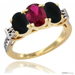 10K Yellow Gold Natural Ruby & Black Onyx Sides Ring 3-Stone Oval 7x5 mm Diamond Accent