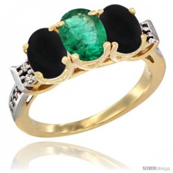 10K Yellow Gold Natural Emerald & Black Onyx Sides Ring 3-Stone Oval 7x5 mm Diamond Accent