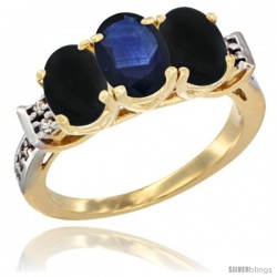 10K Yellow Gold Natural Blue Sapphire & Black Onyx Sides Ring 3-Stone Oval 7x5 mm Diamond Accent