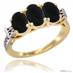 10K Yellow Gold Natural Black Onyx Ring 3-Stone Oval 7x5 mm Diamond Accent