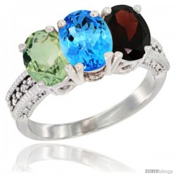 14K White Gold Natural Green Amethyst, Swiss Blue Topaz & Garnet Ring 3-Stone 7x5 mm Oval Diamond Accent