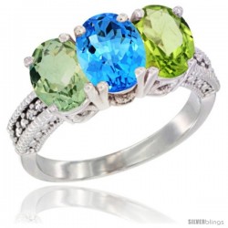 14K White Gold Natural Green Amethyst, Swiss Blue Topaz & Peridot Ring 3-Stone 7x5 mm Oval Diamond Accent