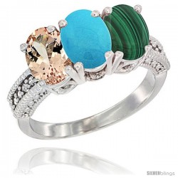 10K White Gold Natural Morganite, Turquoise & Malachite Ring 3-Stone Oval 7x5 mm Diamond Accent