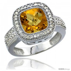 10K White Gold Natural Whisky Quartz Ring Diamond Accent, Cushion-cut 9x9 Stone Diamond Accent