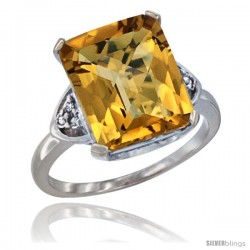 10K White Gold Natural Whisky Quartz Ring Emerald-shape 12x10 Stone Diamond Accent