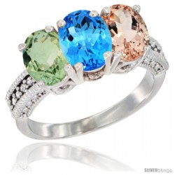 14K White Gold Natural Green Amethyst, Swiss Blue Topaz & Morganite Ring 3-Stone 7x5 mm Oval Diamond Accent