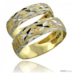 10k Gold 2-Piece Wedding Band Ring Set Him & Her 5.5mm & 4.5mm Diamond-cut Pattern Rhodium Accent -Style 10y506w2