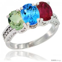 14K White Gold Natural Green Amethyst, Swiss Blue Topaz & Ruby Ring 3-Stone 7x5 mm Oval Diamond Accent