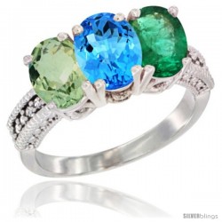 14K White Gold Natural Green Amethyst, Swiss Blue Topaz & Emerald Ring 3-Stone 7x5 mm Oval Diamond Accent