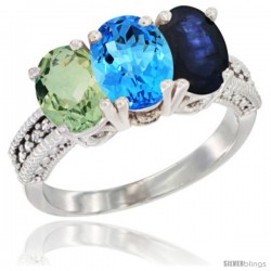 14K White Gold Natural Green Amethyst, Swiss Blue Topaz & Blue Sapphire Ring 3-Stone 7x5 mm Oval Diamond Accent