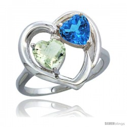 14k White Gold 2-Stone Heart Ring 6mm Natural Green Amethyst & Swiss Blue Topaz Diamond Accent, Diamond Accent