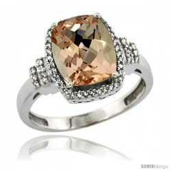 14k White Gold Diamond Halo Morganite Ring 2.4 ct Cushion Cut 9x7 mm, 1/2 in wide