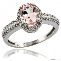 14k White Gold Diamond Halo Morganite Ring 1.2 ct Oval Stone 8x6 mm, 3/8 in wide