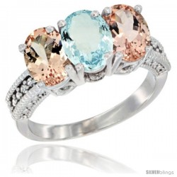 14K White Gold Natural Aquamarine & Morganite Sides Ring 3-Stone Oval 7x5 mm Diamond Accent