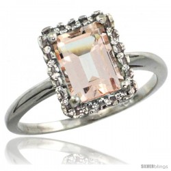 14k White Gold Diamond Morganite Ring 1.6 ct Emerald Shape 8x6 mm, 1/2 in wide