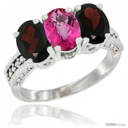 14K White Gold Natural Pink Topaz & Garnet Sides Ring 3-Stone 7x5 mm Oval Diamond Accent