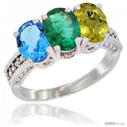 14K White Gold Natural Swiss Blue Topaz, Emerald & Lemon Quartz Ring 3-Stone 7x5 mm Oval Diamond Accent