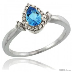 14k White Gold Diamond Swiss Blue Topaz Ring 0.33 ct Tear Drop 6x4 Stone 3/8 in wide