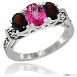 14K White Gold Natural Pink Topaz & Garnet Ring 3-Stone Oval with Diamond Accent