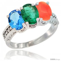 14K White Gold Natural Swiss Blue Topaz, Emerald & Coral Ring 3-Stone 7x5 mm Oval Diamond Accent