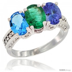 14K White Gold Natural Swiss Blue Topaz, Emerald & Tanzanite Ring 3-Stone 7x5 mm Oval Diamond Accent