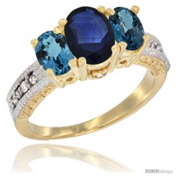 14k Yellow Gold Ladies Oval Natural Blue Sapphire 3-Stone Ring with London Blue Topaz Sides Diamond Accent