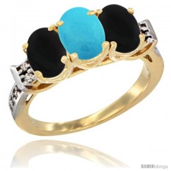 10K Yellow Gold Natural Turquoise & Black Onyx Sides Ring 3-Stone Oval 7x5 mm Diamond Accent