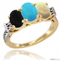 10K Yellow Gold Natural Black Onyx, Turquoise & Opal Ring 3-Stone Oval 7x5 mm Diamond Accent
