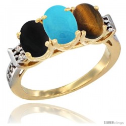 10K Yellow Gold Natural Black Onyx, Turquoise & Tiger Eye Ring 3-Stone Oval 7x5 mm Diamond Accent