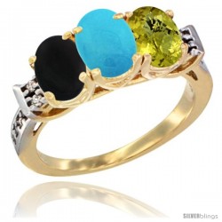 10K Yellow Gold Natural Black Onyx, Turquoise & Lemon Quartz Ring 3-Stone Oval 7x5 mm Diamond Accent