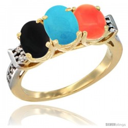 10K Yellow Gold Natural Black Onyx, Turquoise & Coral Ring 3-Stone Oval 7x5 mm Diamond Accent