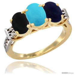 10K Yellow Gold Natural Black Onyx, Turquoise & Lapis Ring 3-Stone Oval 7x5 mm Diamond Accent