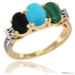 10K Yellow Gold Natural Black Onyx, Turquoise & Malachite Ring 3-Stone Oval 7x5 mm Diamond Accent