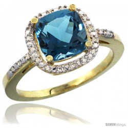 14k Yellow Gold Ladies Natural London Blue Topaz Ring Cushion-cut 3.8 ct. 8x8 Stone Diamond Accent