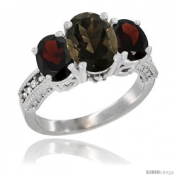 14K White Gold Ladies 3-Stone Oval Natural Smoky Topaz Ring with Garnet Sides Diamond Accent