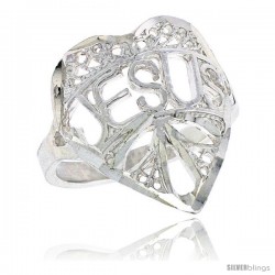 Sterling Silver "JESUS" Filigree Heart Ring, 3/4 in