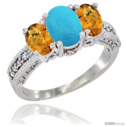 10K White Gold Ladies Oval Natural Turquoise 3-Stone Ring with Whisky Quartz Sides Diamond Accent