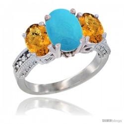 10K White Gold Ladies Natural Turquoise Oval 3 Stone Ring with Whisky Quartz Sides Diamond Accent