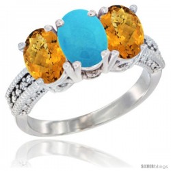 10K White Gold Natural Turquoise & Whisky Quartz Sides Ring 3-Stone Oval 7x5 mm Diamond Accent