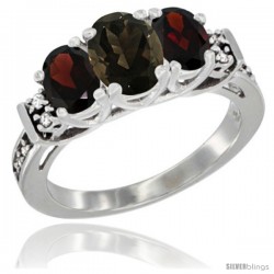 14K White Gold Natural Smoky Topaz & Garnet Ring 3-Stone Oval with Diamond Accent