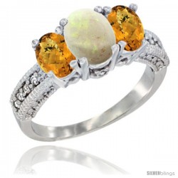 10K White Gold Ladies Oval Natural Opal 3-Stone Ring with Whisky Quartz Sides Diamond Accent