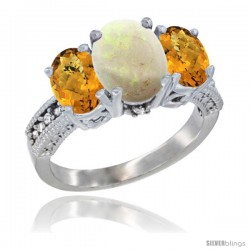 10K White Gold Ladies Natural Opal Oval 3 Stone Ring with Whisky Quartz Sides Diamond Accent