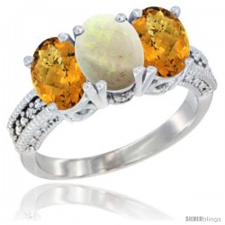 10K White Gold Natural Opal & Whisky Quartz Sides Ring 3-Stone Oval 7x5 mm Diamond Accent